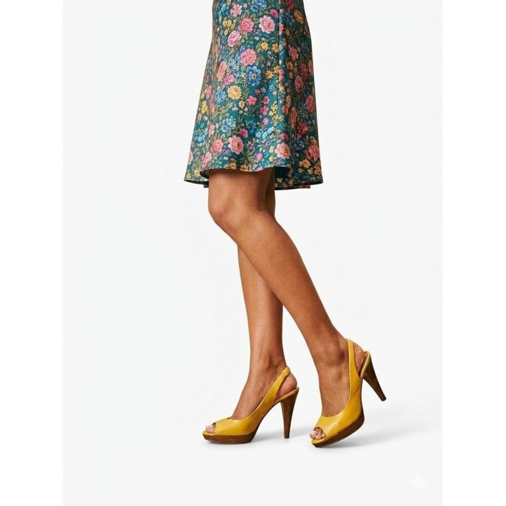 Style & Co 10 Bright Yellow Slingback Sandals Wood Stacked Heel Peep Toe